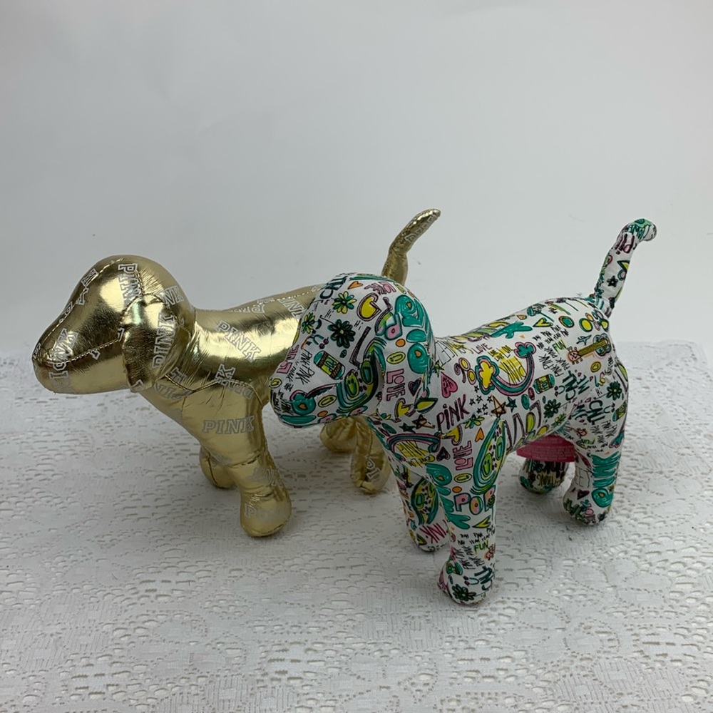 Victoria’s Secret Pink Plush Dog pair Shiny gold and Hippy Rainbow Design set 2